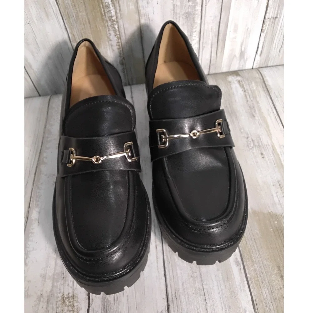 ZBY Black Leather Lug Sole Loafers Women's Size 5 Chunky Platform Horsebit shoe